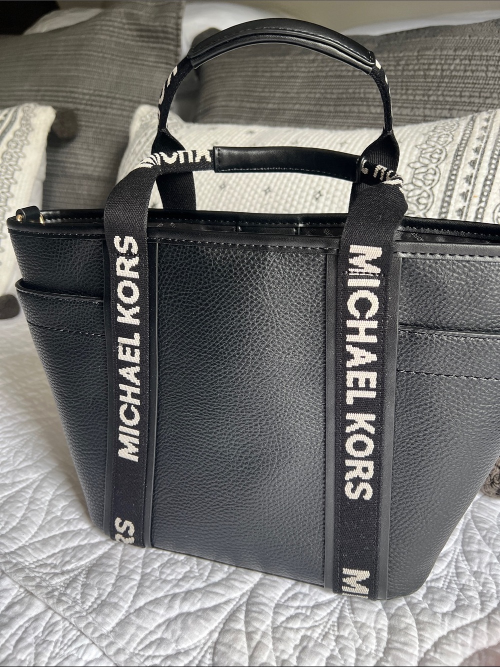 Michael Kors Black Pebbled Leather Logo Strap Tote with Gold Hardware - Picture 2 of 4